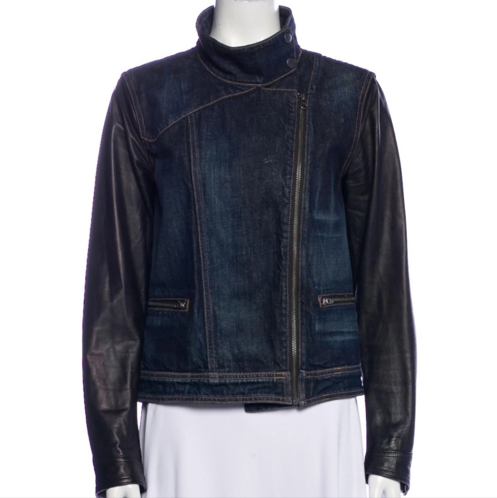 Rag & Bone Zip Front Dark Denim Jacket With Leather Sleeves Size MEDIUM
